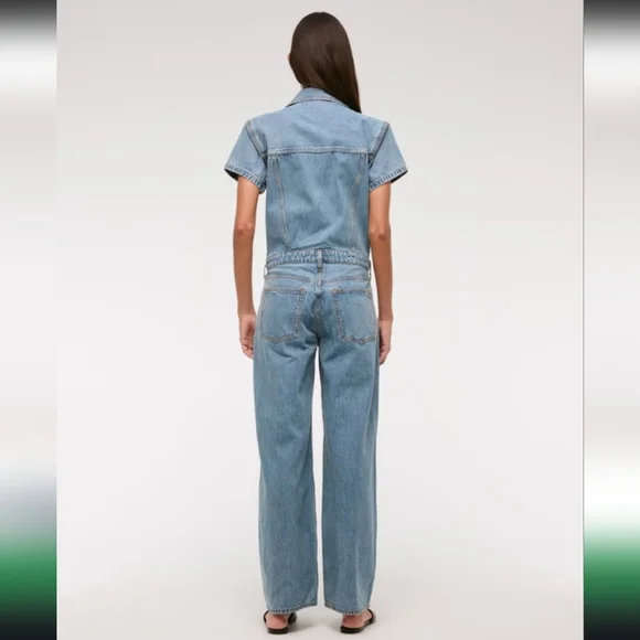 Abercrombie & Fitch Medium Wash Short Sleeve Straight Leg Tall Denim Jumpsuit - Picture 3 of 13